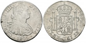 Carlos IV (1788-1808). 8 reales. 1805. México. TH. (Cal-703). Ag. 26,82 g. Vanos. EBC-. Est...80,00.