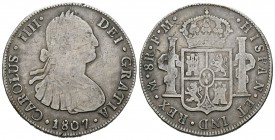 Carlos IV (1788-1808). 8 reales. 1807. México. FM. (Cal-no la cita). Ag. 25,66 g. Falsa de época. BC+. Est...60,00.