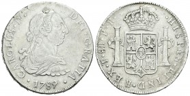 Carlos IV (1788-1808). 8 reales. 1789. Potosí. PR. (Cal-710). Ag. 26,67 g. Busto de Carlos III y numeral IV. Agujero tapado. MBC-. Est...45,00.