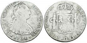 Carlos IV (1788-1808). 8 reales. 1791. Potosí. PR. (Cal-712). Ag. 26,37 g. BC-. Est...25,00.