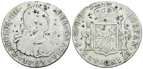 Carlos IV (1788-1808). 8 reales. 1793. Potosí. PR. (Cal-714). Ag. 26,38 g. Pequeños resellos orientales. BC. Est...30,00.