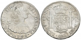 Carlos IV (1788-1808). 8 reales. 1795. Potosí. PP. (Cal-718). Ag. 26,72 g. Limpiada. Oxidaciones. BC+. Est...35,00.