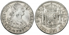 Carlos IV (1788-1808). 8 reales. 1797. Potosí. PP. (Cal-720). Ag. 26,73 g. Limpiada. Escasa. MBC+. Est...175,00.