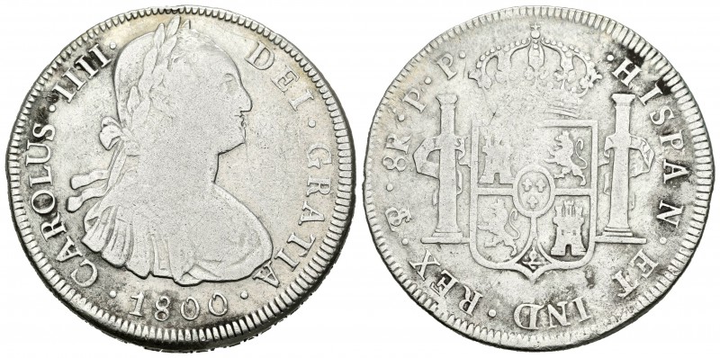 Carlos IV (1788-1808). 8 reales. 1800. Potosí. PP. (Cal-723). Ag. 26,65 g. BC-. ...