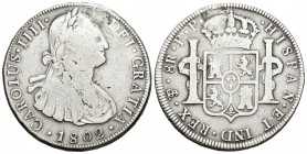 Carlos IV (1788-1808). 8 reales. 1802. Potosí. PP. (Cal-725). Ag. 25,91 g. Agujero tapado. BC-. Est...18,00.