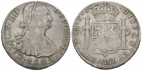 Carlos IV (1788-1808). 8 reales. 1804. Potosí. PJ. (Cal-727). Ag. 26,81 g. Fallo en el canto. MBC-. Est...50,00.