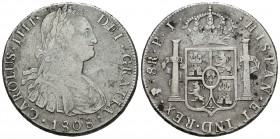 Carlos IV (1788-1808). 8 reales. 1808. Potosí. PJ. (Cal-732). Ag. 26,78 g. Rayas. MBC-. Est...40,00.