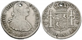 Carlos IV (1788-1808). 8 reales. 1806. Santiago. FJ. (Cal-761). Ag. 26,74 g. Agujero. Rara. MBC-. Est...200,00.