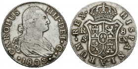 Carlos IV (1788-1808). 8 reales. 1803. Sevilla. CN. (Cal-778). Ag. 26,85 g. MBC+. Est...250,00.