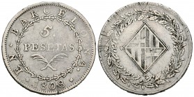 José Napoleón (1808-1814). 5 pesetas. 1808. Barcelona. (Cal-13). Ag. 26,63 g. Golpecitos en el canto y rayas. Escasa. MBC. Est...300,00.