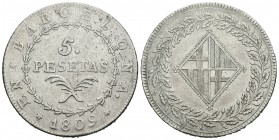 José Napoleón (1808-1814). 5 pesetas. 1809. Barcelona. (Cal-14). Ag. 26,97 g. MBC/MBC+. Est...250,00.