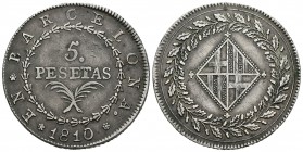José Napoleón (1808-1814). 5 pesetas. 1810. Barcelona. (Cal-15). Ag. 26,86 g. Pátina. MBC+. Est...375,00.