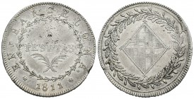 José Napoleón (1808-1814). 5 pesetas. 1811. Barcelona. (Cal-16). Ag. 26,82 g. 25 rosetas. Impurezas y rayitas de acuñación. MBC+. Est...300,00.