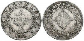 José Napoleón (1808-1814). 5 pesetas. 1812. Barcelona. (Cal-20). Ag. 26,84 g. Escasa. MBC+. Est...350,00.