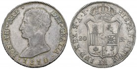 José Napoleón (1808-1814). 20 reales. 1810. Madrid. AI. (Cal-25). Ag. 26,94 g. Pátina. Águila grande. MBC+. Est...425,00.