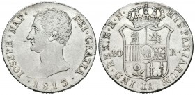 José Napoleón (1808-1814). 20 reales. 1813. Madrid. RN. (Cal-31). Ag. 27,05 g. Golpecitos. Limpiada. Rara. MBC. Est...300,00.