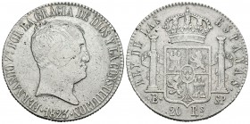 Fernando VII (1808-1833). 20 reales. 1823. Barcelona. SP. (Cal-369). Ag. 26,74 g. Tipo cabezón. Rayas. Escasa. BC. Est...75,00.