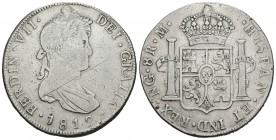 Fernando VII (1808-1833). 8 reales. 1812. Guatemala. M. (Cal-460). Ag. 26,69 g. Agujero tapado. Raya en anverso. Escasa. BC+. Est...50,00.