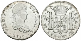 Fernando VII (1808-1833). 8 reales. 1816. Lima. JP. (Cal-484). Ag. 27,23 g. Ligera falta de presión en anverso. Brillo original. EBC-/EBC+. Est...150,...