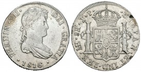 Fernando VII (1808-1833). 8 reales. 1816. Lima. JP. (Cal-484). Ag. 26,66 g. Fallito en el canto. Limpiada. MBC. Est...75,00.