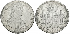 Fernando VII (1808-1833). 8 reales. 1808. México. TH. (Cal-537). Ag. 26,45 g. Busto imaginario. Oxidaciones limpiadas. BC+. Est...35,00.