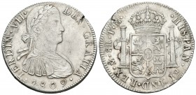 Fernando VII (1808-1833). 8 reales. 1809. México. TH. (Cal-539). Ag. 26,95 g. Defecto en el canto, pero buen ejemplar. EBC-. Est...90,00.