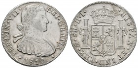 Fernando VII (1808-1833). 8 reales. 1810. México. HJ. (Cal-543). Ag. 26,95 g. Busto imaginario. Hoja en anverso y rayas en reverso. Escasa. EBC/EBC-. ...