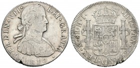 Fernando VII (1808-1833). 8 reales. 1810/09. México. HJ. (Cal-542). Ag. 26,80 g. Busto imaginario. Fallo en el canto. Escasa. BC+/MBC-. Est...50,00.