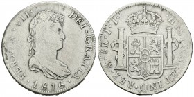 Fernando VII (1808-1833). 8 reales. 1816. México. JJ. (Cal-559). Ag. 26,67 g. Ligeramente limpiada. BC+/MBC-. Est...40,00.