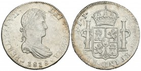 Fernando VII (1808-1833). 8 reales. 1818. México. JJ. (Cal-561). Ag. 26,99 g. Vanos y rayitas. Escasa. EBC-. Est...95,00.