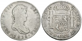 Fernando VII (1808-1833). 8 reales. 1818. México. JJ. (Cal-561). Ag. 26,62 g. Doble acuñación en anverso. Escasa. BC+. Est...50,00.