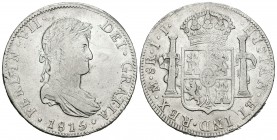 Fernando VII (1808-1833). 8 reales. 1815. México. JJ. (Cal-557). Ag. 26,93 g. Raya en anverso. Escasa. BC+. Est...45,00.