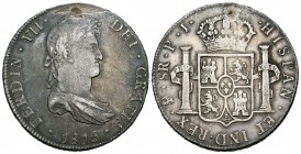 Fernando VII (1808-1833). 8 reales. 1815. Potosí. PJ. (Cal-604). Ag. 26,92 g. Agujero tapado a las 12 h. MBC-. Est...50,00.