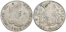 Fernando VII (1808-1833). 8 reales. 1816. Potosí. PJ. (Cal-605). Ag. 26,74 g. Vanos. MBC+. Est...70,00.