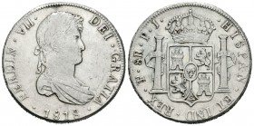 Fernando VII (1808-1833). 8 reales. 1818. Potosí. PJ. (Cal-607). Ag. 26,97 g. Rayita en anverso. MBC-. Est...70,00.