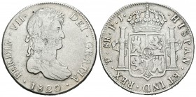 Fernando VII (1808-1833). 8 reales. 1820. Potosí. PJ. (Cal-609). Ag. 26,68 g. Golpe de punzón en anverso. BC+/MBC-. Est...40,00.