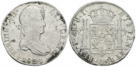 Fernando VII (1808-1833). 8 reales. 1821. Potosí. PJ. (Cal-610). Ag. 26,89 g. Hoja en anverso. MBC-/MBC. Est...45,00.