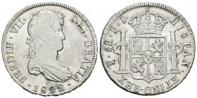 Fernando VII (1808-1833). 8 reales. 1822. Potosí. PJ. (Cal-611). Ag. 26,91 g. Rayitas y hojita en anverso. MBC-/MBC+. Est...80,00.