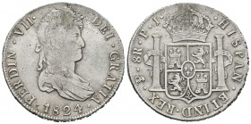 Fernando VII (1808-1833). 8 reales. 1824. Potosí. PJ. (Cal-614). Ag. 26,42 g. Marcas de soldadura. MBC-. Est...40,00.