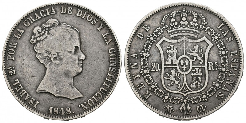 Isabel II (1833-1868). 20 reales. 1848. Madrid. CL. (Cal-166). Ag. 26,21 g. Páti...
