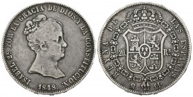 Isabel II (1833-1868). 20 reales. 1848. Madrid. CL. (Cal-166). Ag. 26,21 g. Pátina. Escasa. MBC-. Est...250,00.