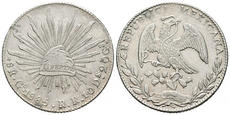 México. 8 reales. 1885/75. Guanajuato. RR. (Km-377.8 (variante)). Ag. 27,03 g. E...