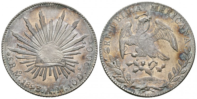 México. 8 reales. 1893. México. AM. (Km-377.10). Ag. 27,06 g. Preiosa pátina con...