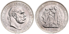 FRANZ JOSEPH I (1848 - 1916)&nbsp;
5 Korona 40th Anniversary of Coronation as Hungarian King U. P (restrike U. P), 1907, KB, 24,32g, Früh 2194, KB. F...
