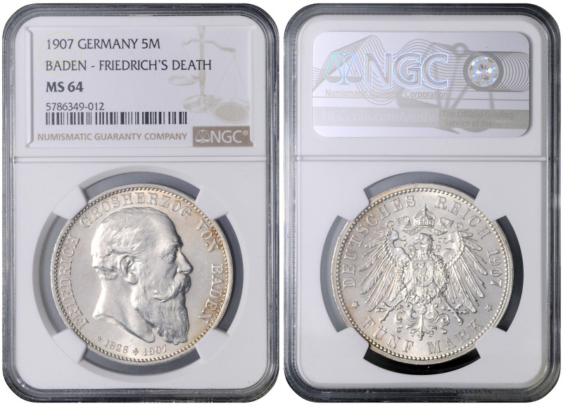 BADEN
COINS, MEDALS&nbsp;
5 Mark - Friedrich´s Death, 1907, Jäg 37, Jäg 37&nbs...