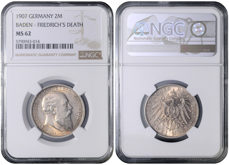 BADEN
COINS, MEDALS&nbsp;
2 Mark - Friedrich´s Death, 1907, Jäg 36, Jäg 36&nbs...