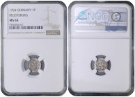 REGENSBURG
COINS, MEDALS&nbsp;
1 Pfennig, 1764, KM 349, KM 349&nbsp;

UNC | UNC , NGC MS 64


MINCE, MEDAILE&nbsp;
1 Pfennig, 1764, KM 349, KM...