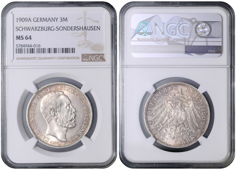 SCHWARZBURG 
 SONDERHAUSEN
COINS, MEDALS&nbsp;
3 Mark, 1909, A, Jäg 170, A. J...
