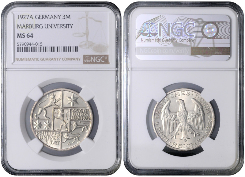 WEIMAR REPUBLIC
COINS, MEDALS&nbsp;
3 Mark 400th Anniversary Marburg Universit...