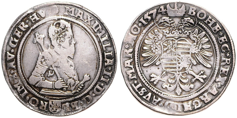 MAXIMILIAN II (1564 - 1576)&nbsp;
1 Thaler, 1574, Kutná Hora, 28,8g, Hal 193, K...